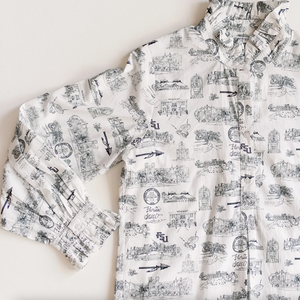 Pictured is a button down shirt made from the Toile of FSU print fabric.