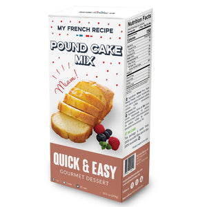 Pictured is a box of My French Recipe Pound Cake Mix sold at The Hare & The Hart in Thomasville, GA. On the box is an image of baked pound cake cut into slices. The box reads, "MY FRENCH RECIPE POUND CAKE MIX QUICK & EASY GOURMET DESSERT Miam!"