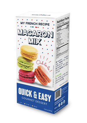 Pictured is a box of My French Recipe Macaron Mix sold at The Hare & The Hart in Thomasville, GA. On the box is an image of four diffrently colored macarons stacked on top of one another. The box reads, "MY FRENCH RECIPE MACARON MIX QUICK & EASY GOURMET DESSERT Ouh lala!"
