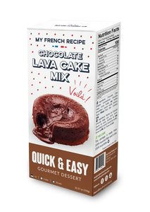 Pictured is a box of My French Recipe Chocolate Lava Cake Mix sold at The Hare & The Hart in Thomasville, GA. This is a box of cake mix with an image of the cake on the front. The cake is cut open so the melted fudge inside is coming out. The box reads, "MY FRENCH RECIPE CHOCOLATE LAVA CAKE MIX Viola! QUICK & EASY GOURMET DESSERT"