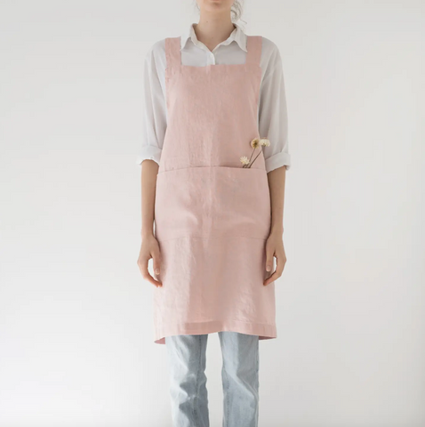 European Linen Cross-Back Apron in Misty Rose