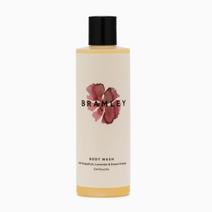 Pictured is a bottle of Bramley Body Wash in the scent Grapefruit, Lavender & Sweet Orange sold at The Hare & The Hart in downtown Thomasville, Georgia.