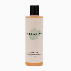 Pictured is a bottle of Bramley Bubble Bath scented with Geranium, Lavender & Sweet Orange sold at The Hare & The Hart in downtown Thomasville, Georgia.