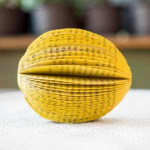 Pictured is a Paper Book Lemon sold at The Hare & The Hart in downtown Thomasville, Georgia. It is a book spread out, painted yellow, and cut to resemble a lemon.
