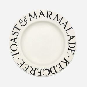 Pictured is Toast & Marmalade Plate by Emma Bridgewater sold at The Hare & The Hart in downtown Thomasville, Georgia. It is a ceramic plate with the words, "TOAST & MARMALADE" and "KEDGEREE"