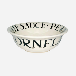 Pictured is a Black Toast Cereal Bowl by Emma Bridgewater sold at The Hare & The Hart in downtown Thomasville, Georgia. It reads, "CORNFLAKES"