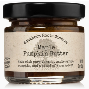 Pictured is a container of Maple Pumpkin Butter by Southern Root Sisters sold at The Hare & The Hart in downtown Thomasville, Georgia. It is a glass jar with a black lid and a label that reads, "Southern Roots Sisters Maple Pumpkin Butter Made with pure Vermont maple syrup, pumpkin, and a blend of warm spices"