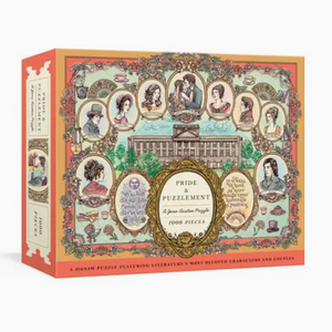 Pictured is Pride and Puzzlement 1000-Piece Jigsaw Puzzle sold at The Hare & The Hart in downtown Thomasville, Georgia. It is a 1000 piece puzzle with Jane Austen themed illustrations.