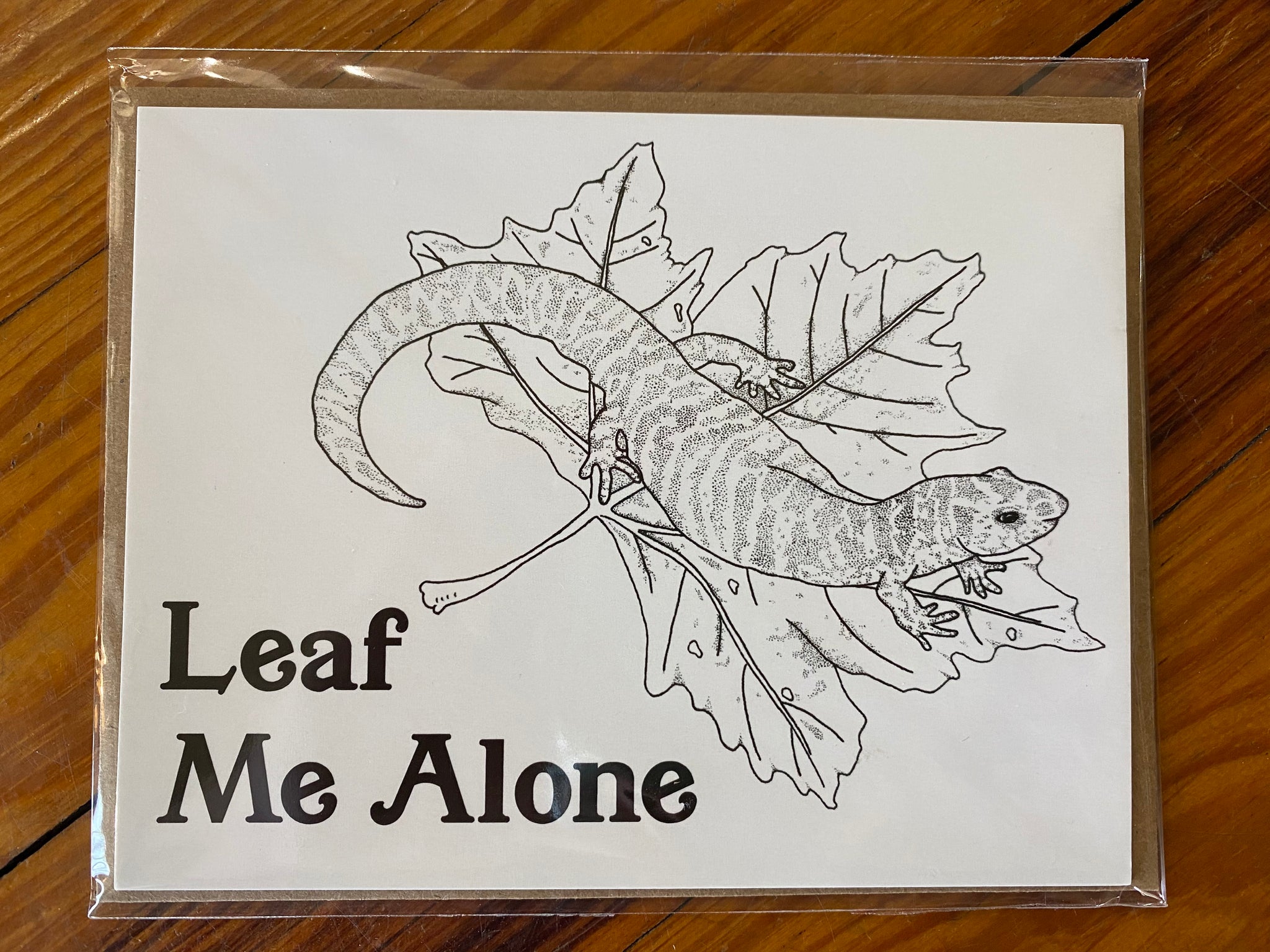 There is a horizontal greeting card. The background is white and there is a design of a salamander on a leaf on it. There are also the words "Leaf Me Alone" in serif font. This is a Notecard by Birds & Bees sold at The Hare & The Hart.