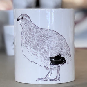 Open image in slideshow, A small white mug with a quail design in the center. It is in the style of pointillism. This is a Small Mug by Birds &amp; Bees sold at The Hare &amp; The Hart.
