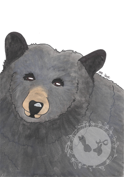 There is a watercolor painting of a black bear.