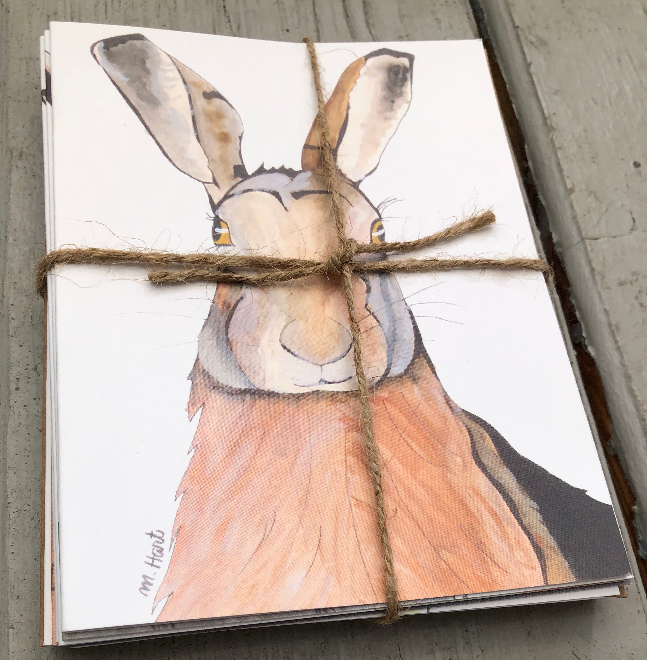 There is a set of 8 notecards stacked on top of each other and bundled together with 8 brown envelopes. The top notecard has a hare design on it. The whole bundle is tied together with twine.