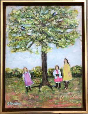 Pictured is a rectangular painting of three girls standing under a tree. One girl is short with blonde hair, another is also short but with dark hair, and the third is tall with dark hair.