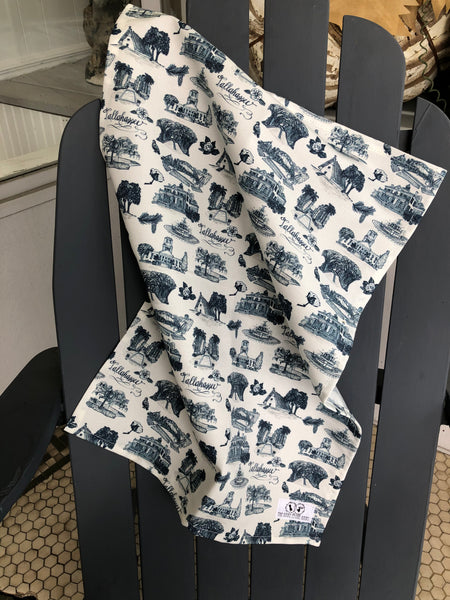 There is a blue and white Toile of Tallahasse fabric tea towel hanging from the top of an adirondak chair.