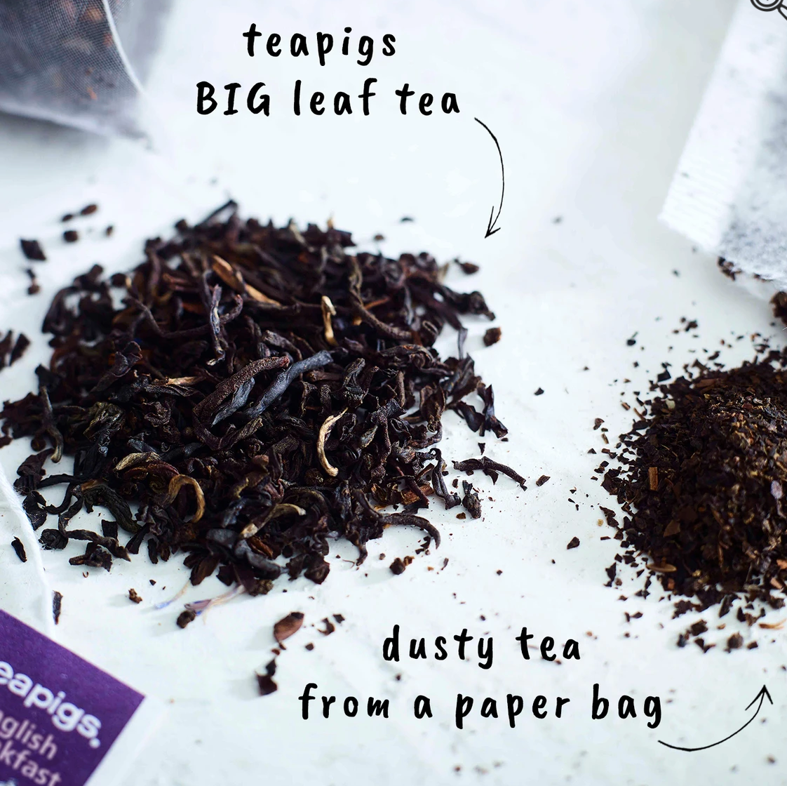 Pictured are two piles of loose tea. One has big leaves and one is ground. The pile with leaves has an arrow pointing at it and the words "teapigs BIG leaf tea." The ground pile has an arrow and the words "dusty tea from a paper bag."