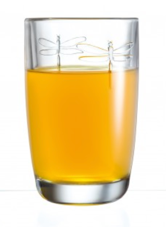 Pictured is the dragonfly juice glass full of orange juice. This is a Dragonfly Juice Glass by La Rochere sold at The Hare & The Hart.