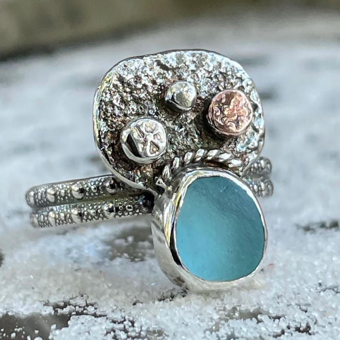 English Cyan Recycled Silver and Copper Ring Size 6 by Shoreline Angel (R2062)