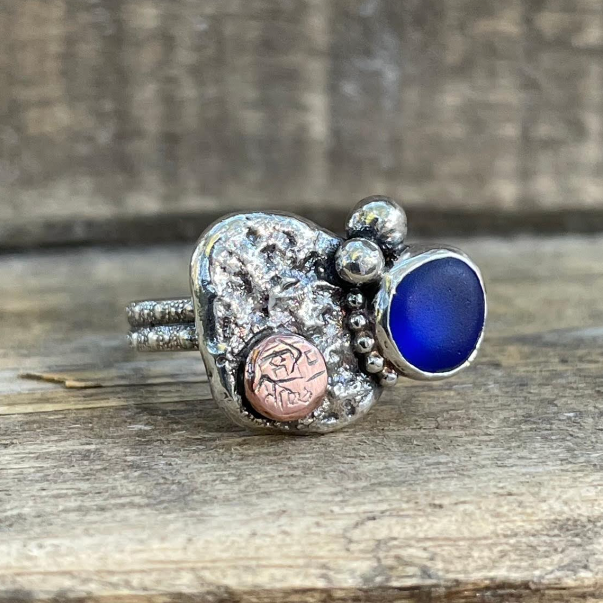 English Cobalt Recycled Silver and Copper Ring Size 7 by Shoreline Angel (R2063)