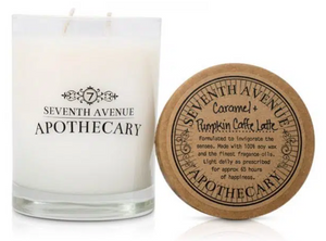 Pictured is a Caramel + Pumpkin Caffe Latte Soy Wax Candle by Seventh Avenue Apothecary and sold at The Hare & The Hart in downtown Thomasville, Georgia.