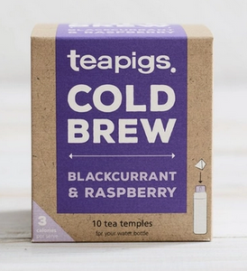 Pictured is a package of teapigs Blackcurrant & Raspberry Cold Brew. The container is a cardboard box with purple accents. The label reads "teapigs COLD BREW BLACKCURRANT & RASPBERRY 10 tea temples for your water bottle."