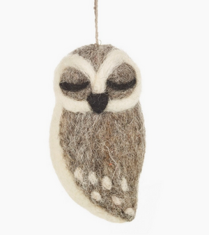 Pictured is a felt gray owl ornament.