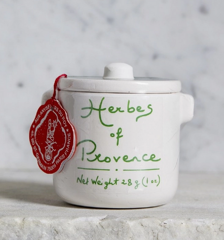 Pictured is a handmade crock with a label that reads "Herbes of Provence Net Weight 28 g (1 oz)"